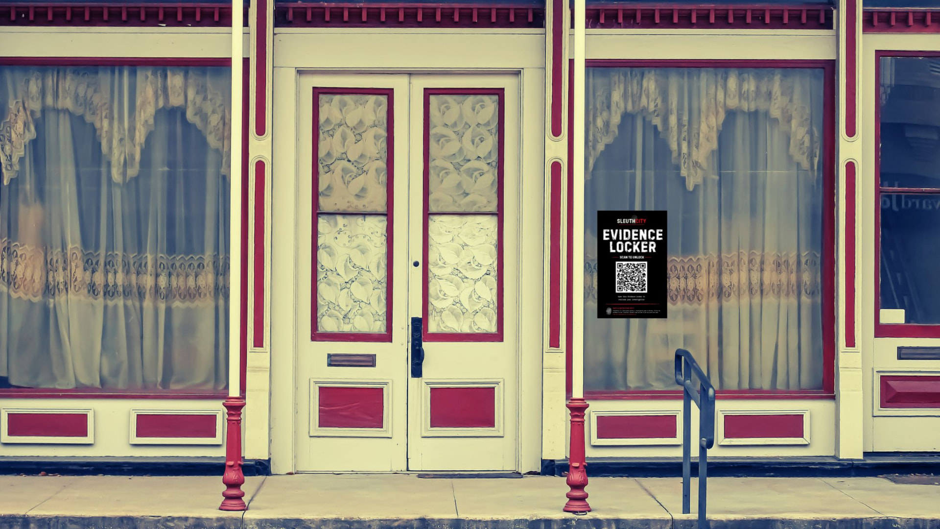 A SleuthCity Evidence Locker QR code sign displayed in the window of a local storefront