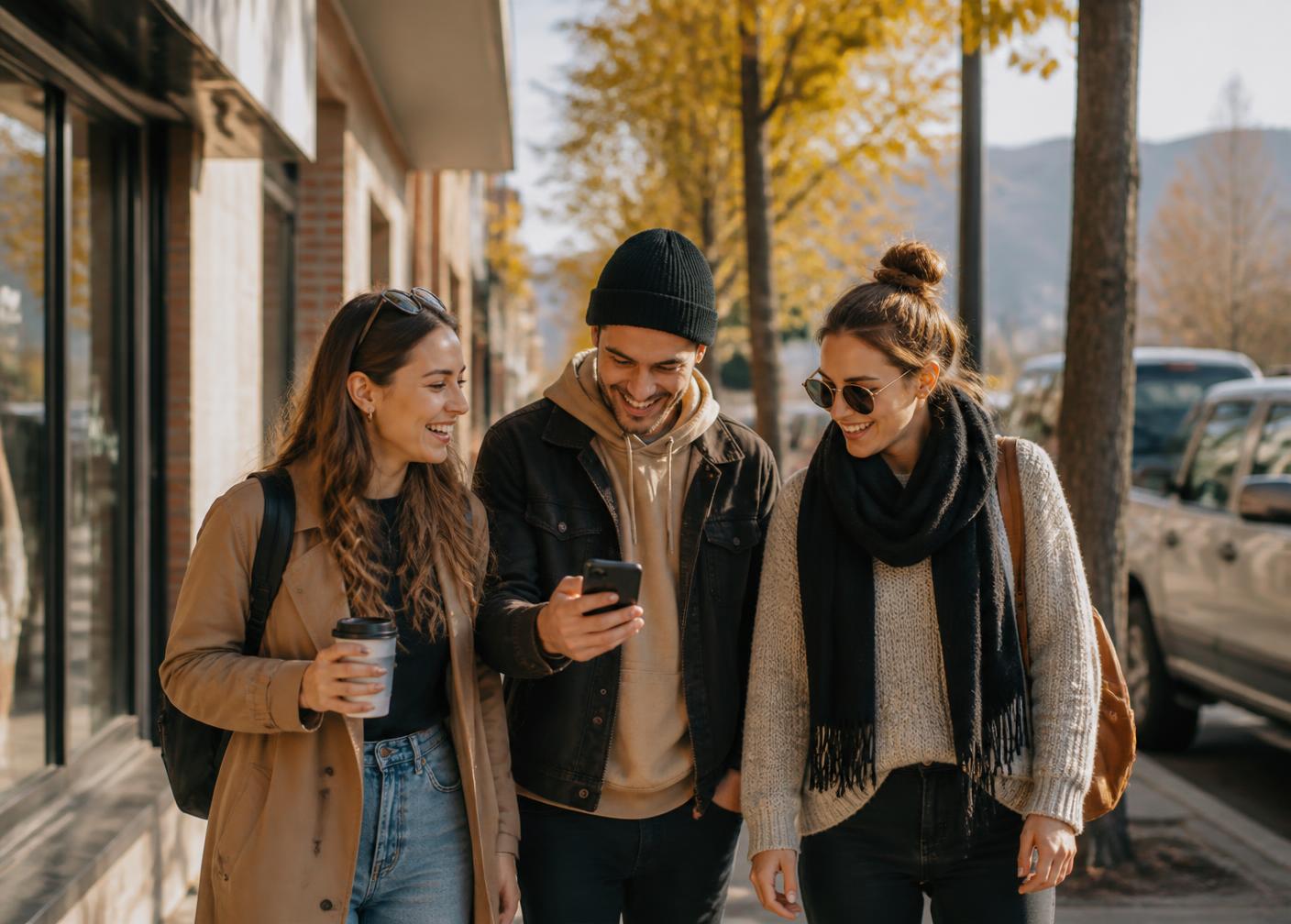 Three friends walking through downtown Kelowna reviewing a case file on a phone